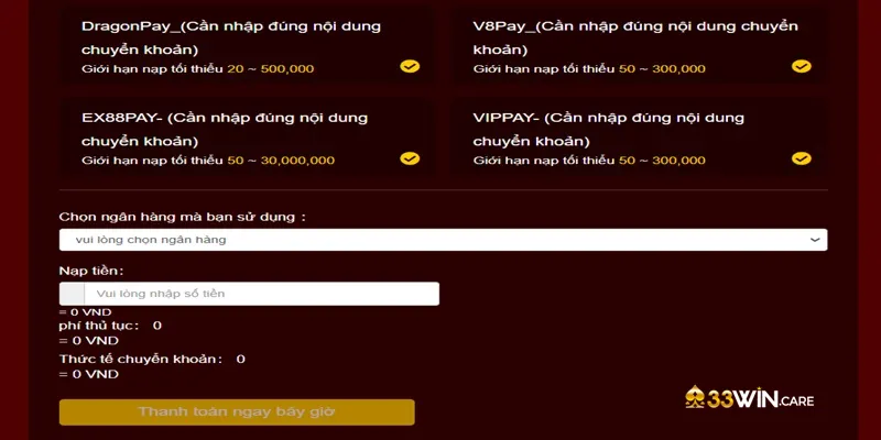Hướng dẫn nạp tiền vào tài khoản cá cược 33Win đơn giản