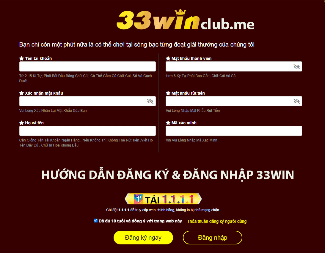 33WIN Giao diện đăng ký và đăng nhập tại 33WIN