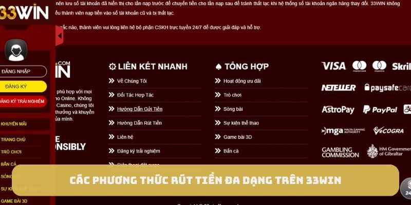Các phương thức rút tiền đa dạng tại 33WIN