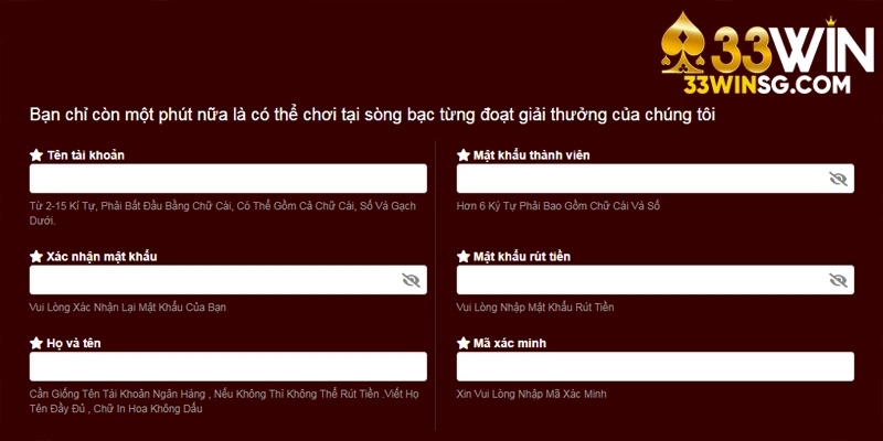 Form mẫu điền thông tin đăng ký 33WIN