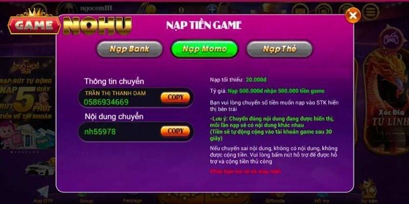 Hướng Dẫn Nạp Tiền Nohu Chi Tiết Và Mới Nhất Thanh toán tiền cược bằng Momo