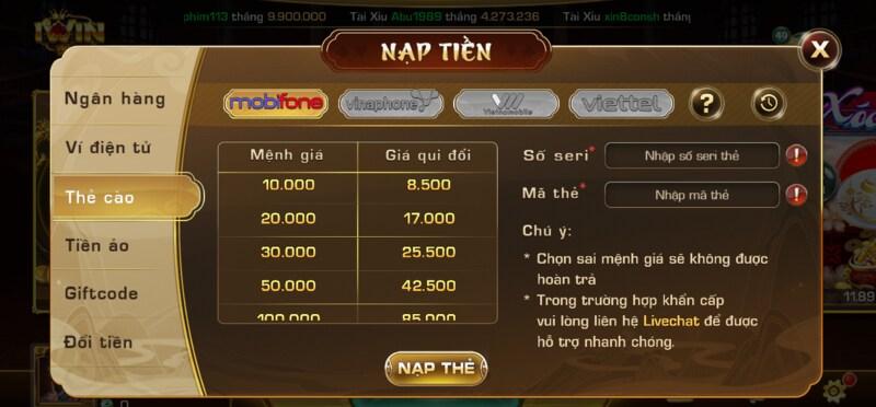 nạp tiền Iwin