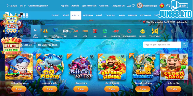 Jun88 - Địa điểm chơi game trực tuyến hợp pháp và an toàn 28 Bắn cá đổi thưởng