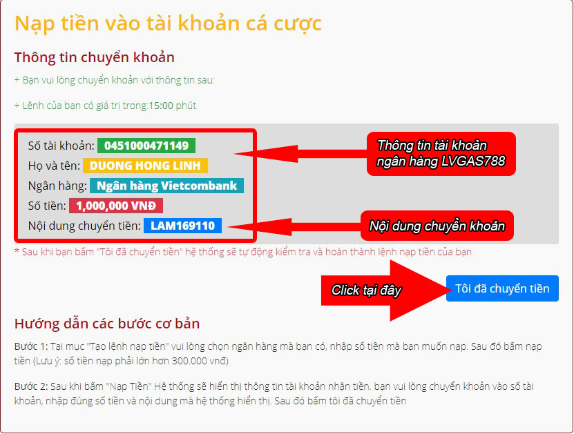 Chuyển tiền vào tài khoản ngân hàng LVGAS788