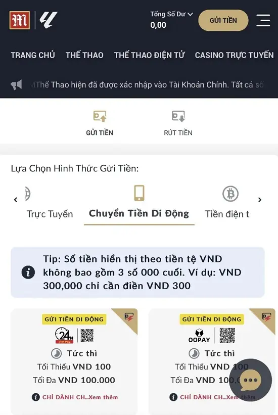 Chuyển tiền di động M88