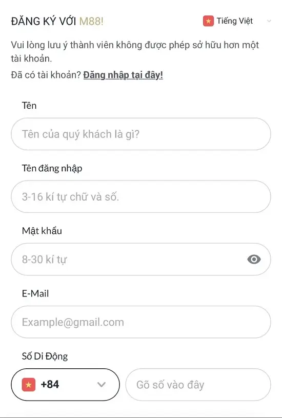 nhập thông tin đăng ký M88