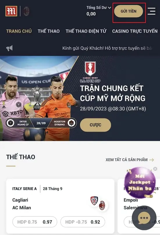 bấm chọn gửi tiền M88