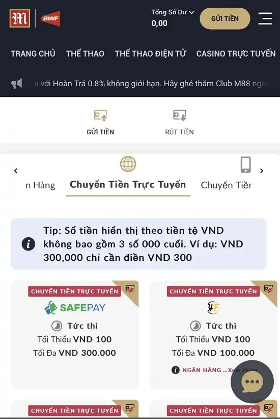Chuyển tiền trực tuyến M88