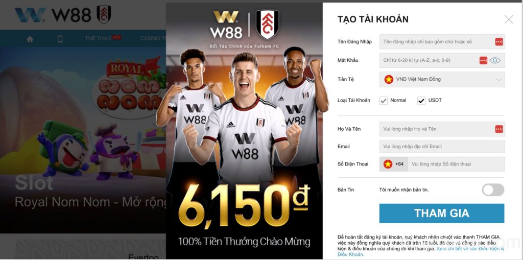 Trang đăng ký tài khoản tại W88