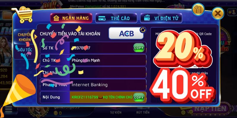 Thưởng ngay 20% - 40% khi thực hiện nạp tiền lần hai
