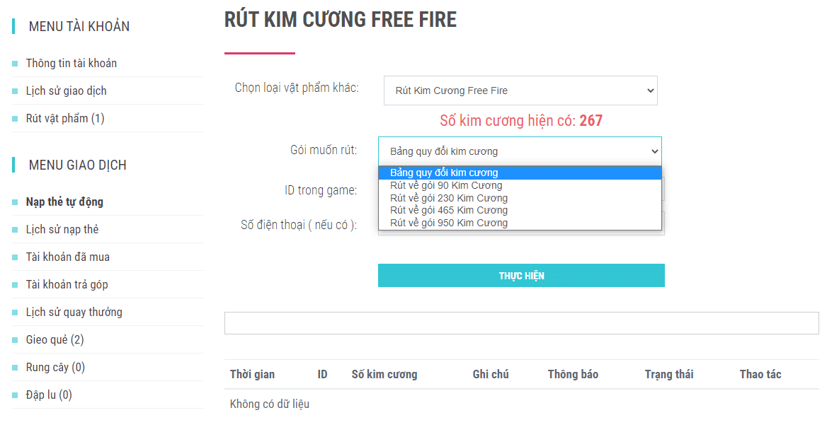 Ảnh Rút Kim Cương Free Fire trên web