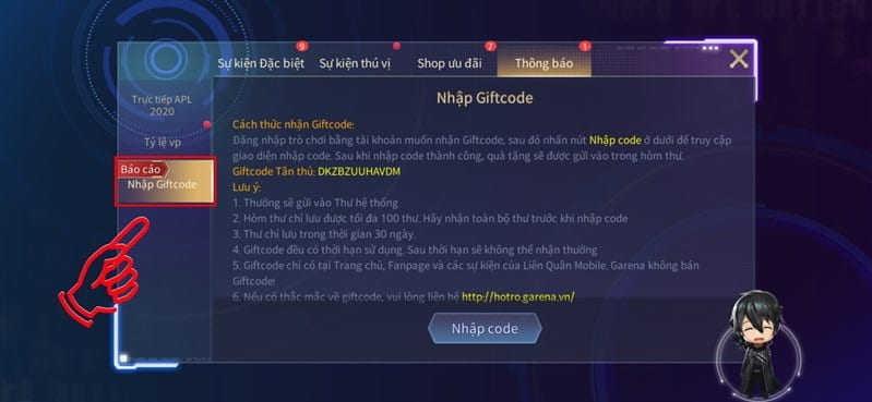 Bấm chọn Nhập Giftcode