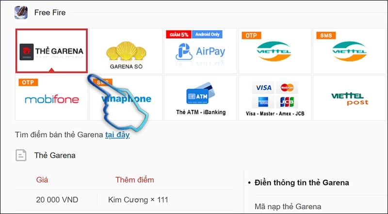 Bấm chọn hình thức thanh toán bằng thẻ Garena.