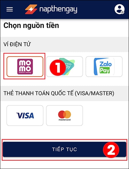 Chọn biểu tượng Ví MoMo và nhấn Tiếp tục Cách Mua Thẻ Garena Tại Nhà