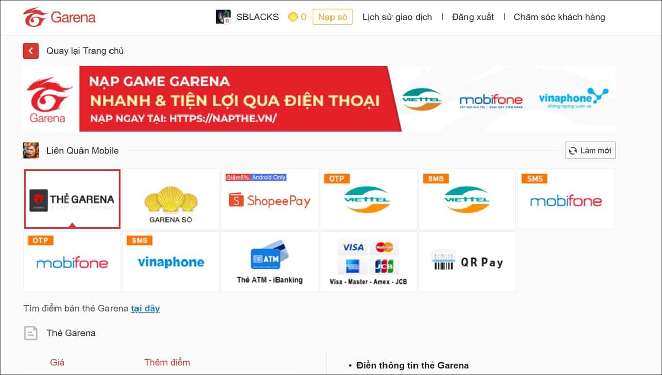 Chọn hình thức thanh toán Thẻ Garena Chọn hình thức thanh toán Thẻ Garena.