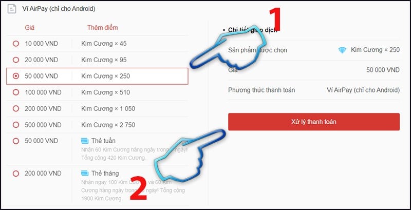Chọn mệnh giá cần nạp và bấm xử lý thanh toán.