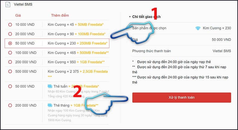 Chọn mệnh giá và bấm chọn Xử lý thanh toán.