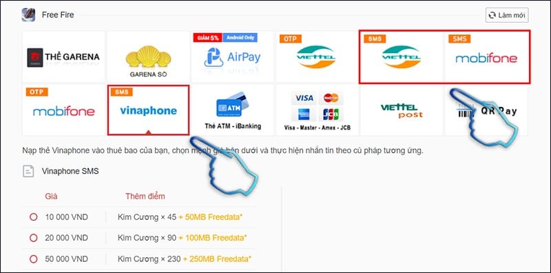Chọn phương thức thanh toán SMS theo nhà mạng bạn đang sử dụng.