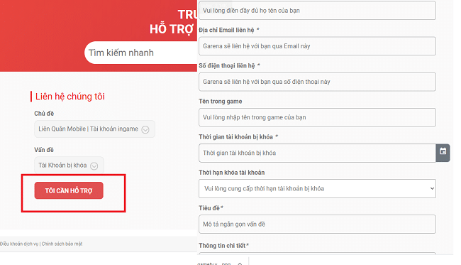 Chọn tôi cần hỗ trợ và Nhập đầy đủ thông tin
