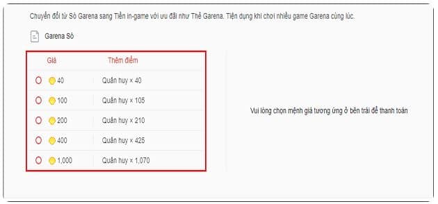 Chuyển đổi sò Garena sang quân huy