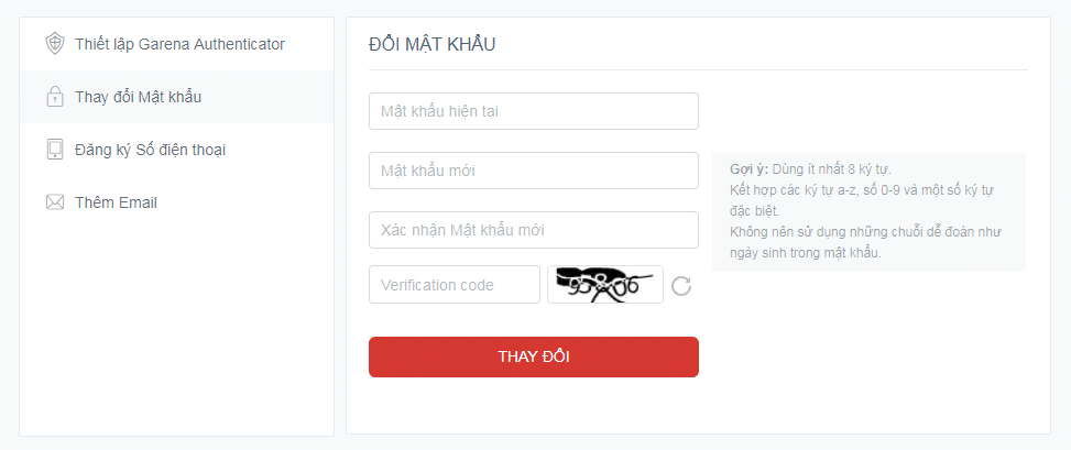Hình Garena Trắng Thông Tin đổi mật khẩu