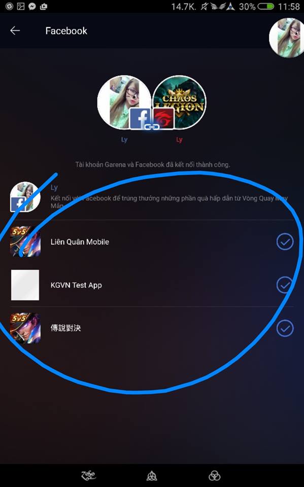 Kết nối tài khoản Facebook qua Garena 4 Kết nối tài khoản Facebook và Garena đã thành công.