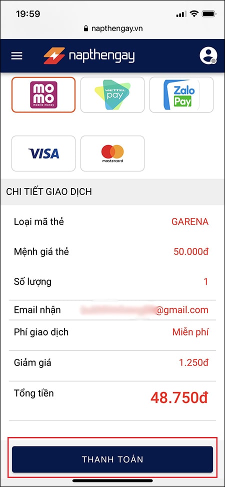 Kiểm tra thông tin, nhấn Thanh toán Cách Mua Thẻ Garena Tại Nhà
