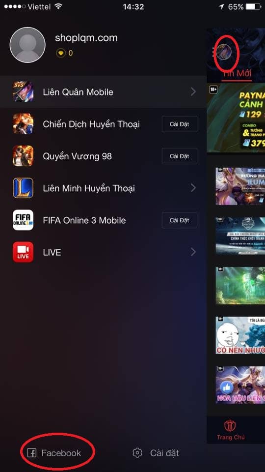Kết nối tài khoản Facebook qua Garena 2 Nhấn chọn biểu tượng nick Facebook