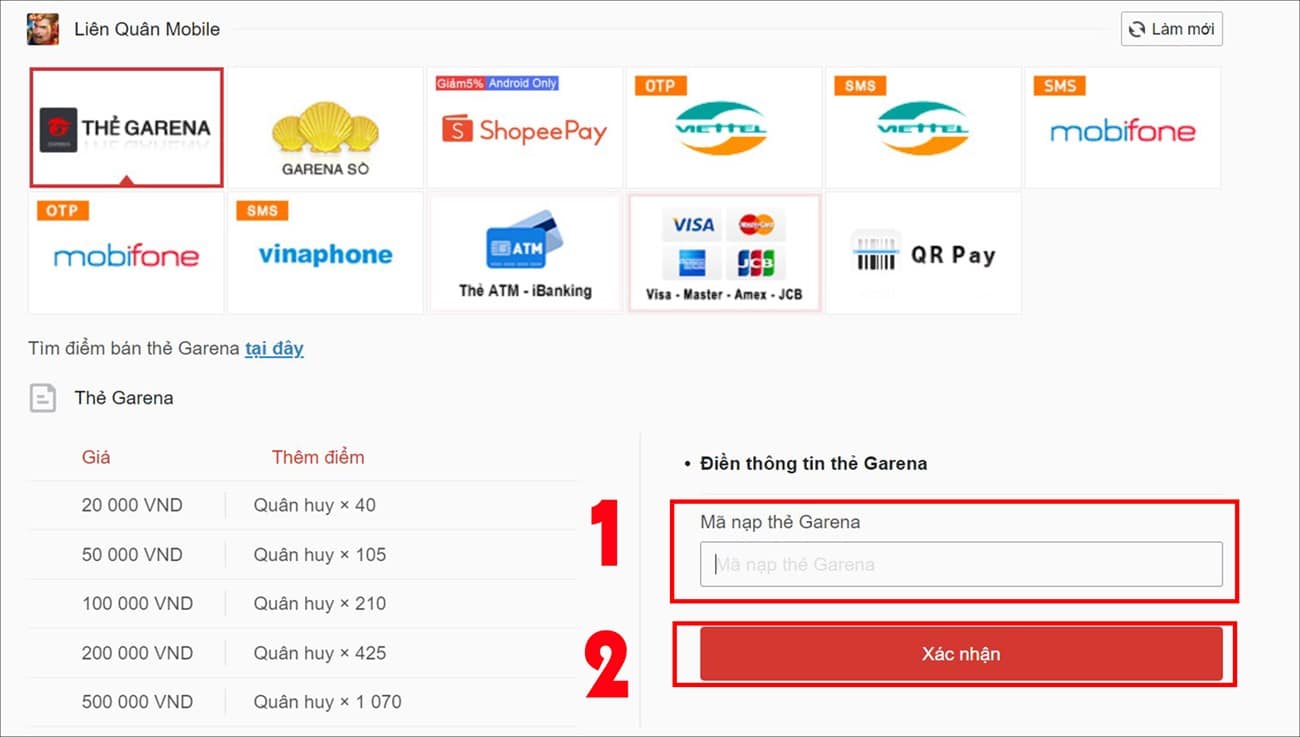 Nhập chính xác Mã nạp thẻ Garena > Xác nhận Nhập chính xác Mã nạp thẻ Garena