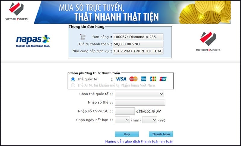 Trang sẽ chuyển đến giao diện thanh toán NAPAS