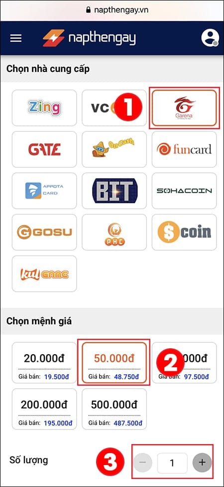 Truy cập website napthengay, chọn nhà cung cấp và mệnh giá Truy cập website napthengay, chọn nhà cung cấp và mệnh giá