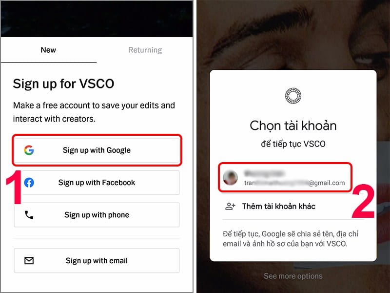 Bạn có thể đăng nhập VSCO bằng tài khoản Google, tài khoản Facebook, số điện thoại hoặc email.