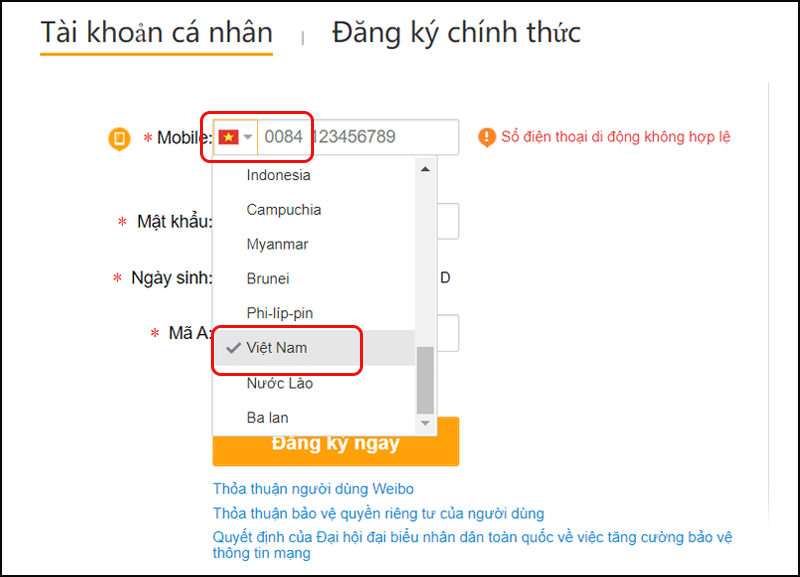 Chọn nhập số điện thoại Việt Nam Bạn điền thông tin đăng ký