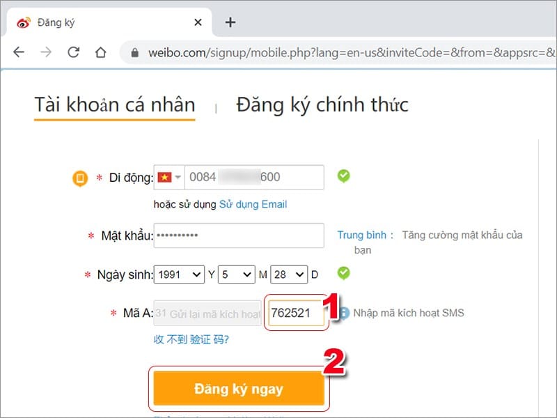 Điền mã xác nhận Bạn hãy điền thông tin vào ô sau đó nhấn Đăng ký ngay.