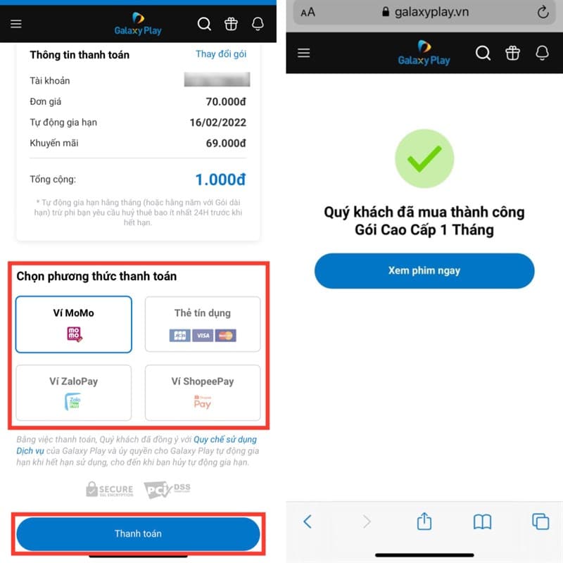 cách đăng ký Galaxy Play chỉ với 1 nghìn đồng Bạn lựa chọn phương thức thanh toán phù hợp với bạn