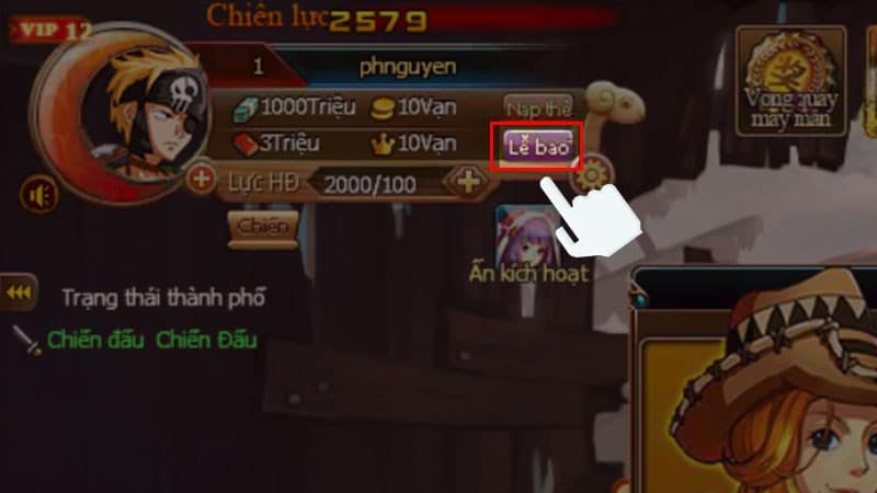 Chọn vào mục Lễ bao Bạn vào game, sau đó nhấn chọn vào mục Lễ bao.