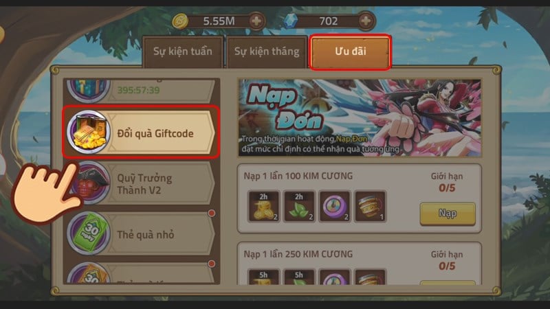 Chọn Ưu đãi và chọn Đổi quà Code Huyền Thoại Hải Tặc Không Giới Hạn