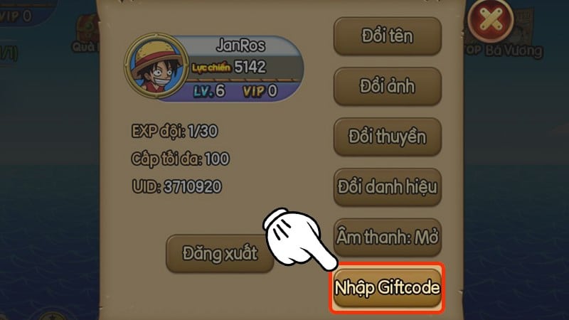 Nhấn vào Nhập giftcode Chọn vào Nhập giftcode.