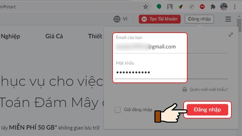 Tại giao diện chính, nhấn chọn Đăng nhập Điền email và mật khẩu tài khoản rồi chọn Đăng nhập