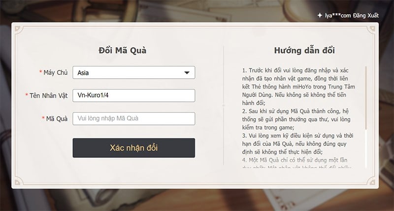 Kiểm tra lại server và nhân vật hiển thị sẵn để nhập Code Genshin Impact
