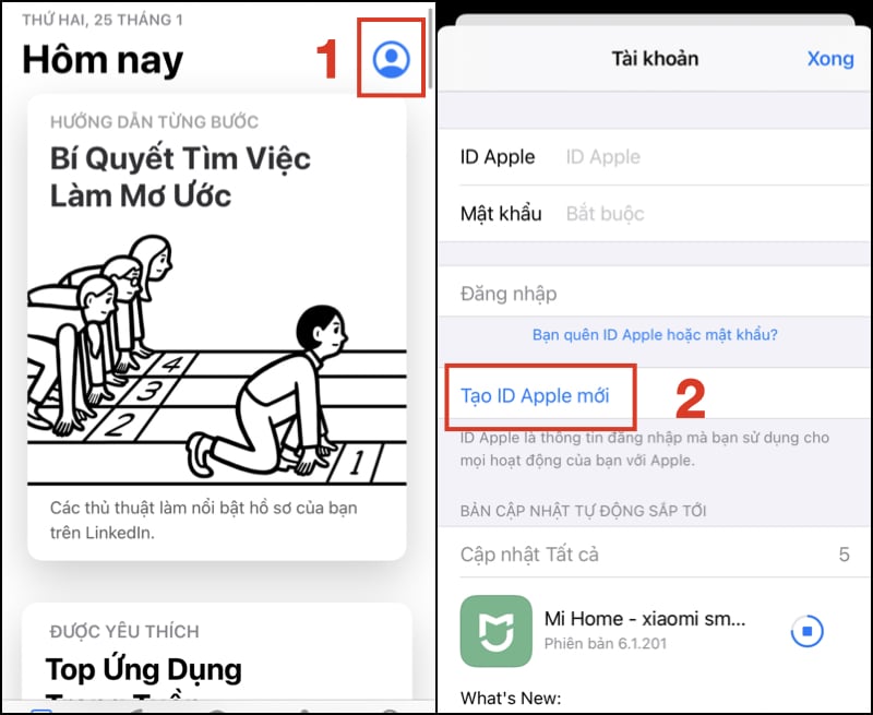 Nhấn tạo ID Apple mới Nhấn tạo ID Apple mới