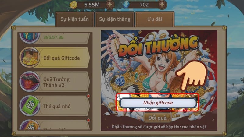 Nhấn vào nút Nhập Gift Code Huyền Thoại Hải Tặc Không Giới Hạn