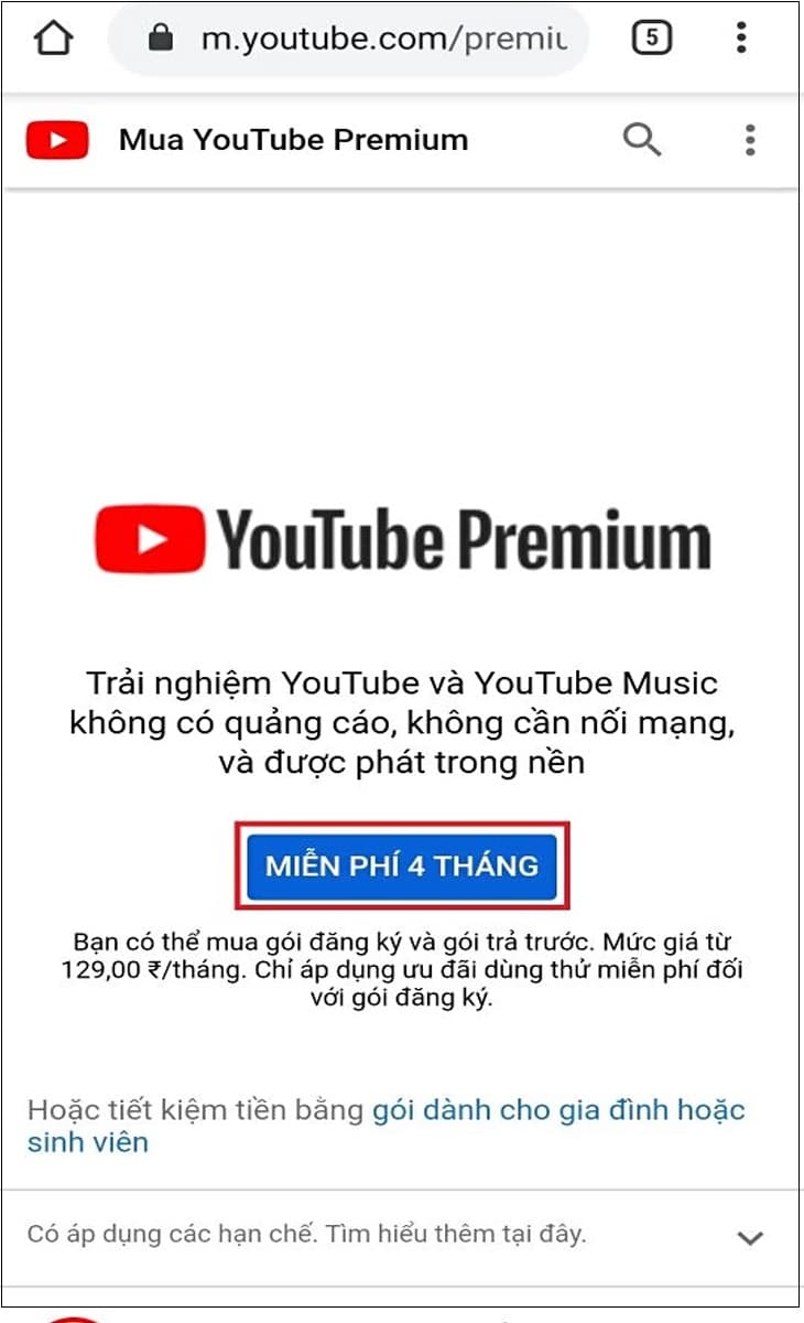 Bước 3: Truy cập địa chỉ https://youtube.com/premium/ Nhấn vào ô Miễn phí 4 tháng.