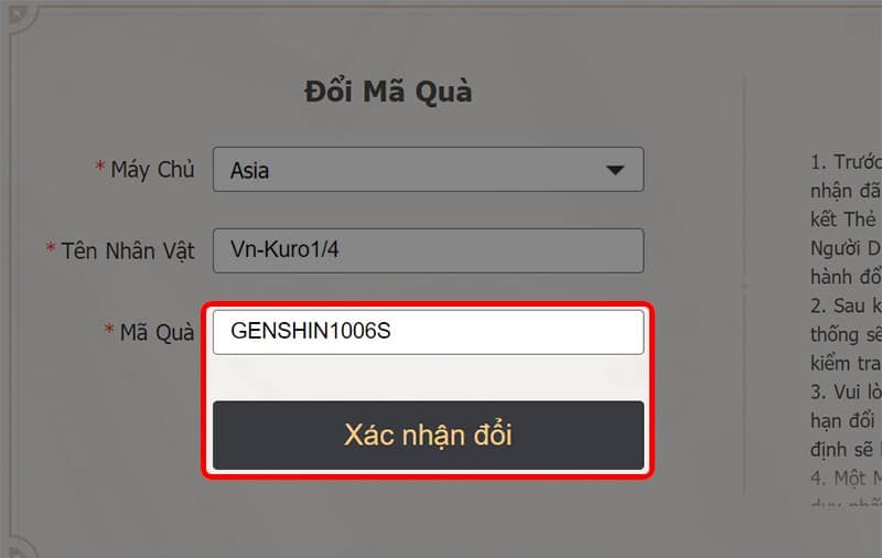 Nhập Code Genshin Impact theo khu vực, nhấn Xác nhận đổi