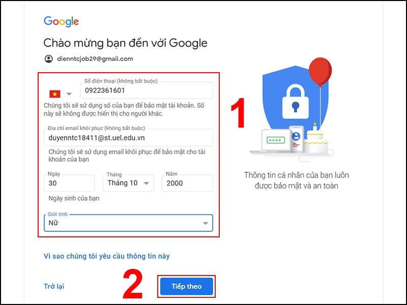 Nhập số điện thoại và email để bảo vệ tài khoản Gmail Nhập số điện thoại và email để bảo vệ tài khoản Gmail