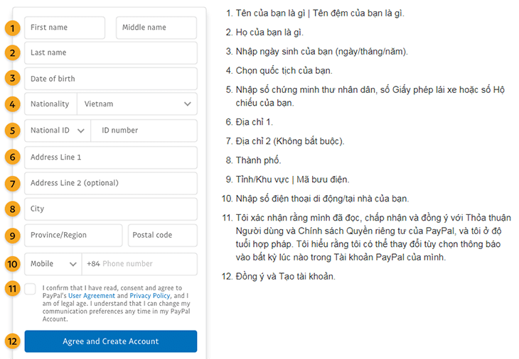 Thiết lập các thông tin các nhân để đăng kí tài khoản PayPal. Nhập thông tin cá nhân của bạn.