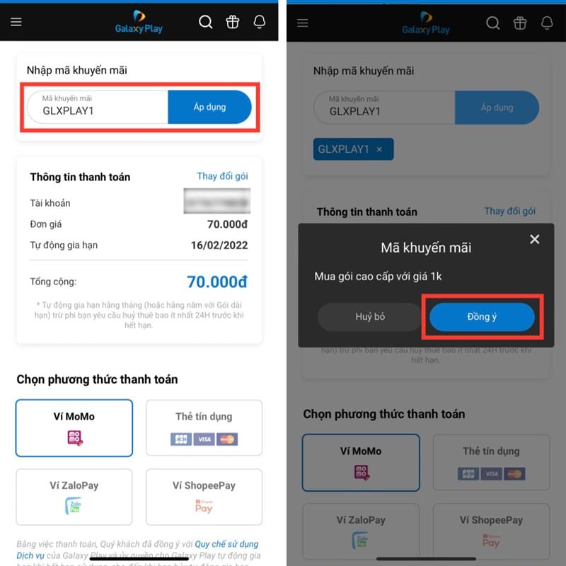 cách đăng ký Galaxy Play chỉ với 1 nghìn đồng Ở phần Nhập mã khuyến mãi, bạn thực hiện nhập mã GLXPLAY1