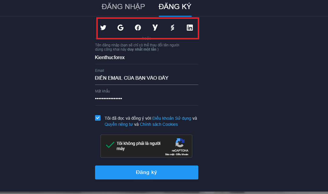 Sau đó TradingView yêu cầu bạn điền thông tin