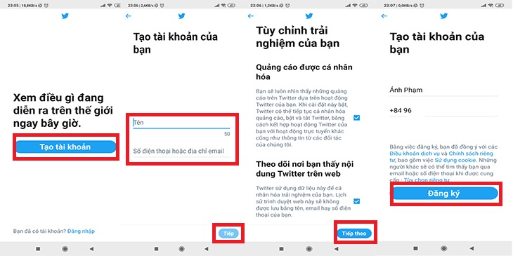 Cách tạo tài khoản Twitter Sau khi xác nhận tên và số điện thoại, bạn hãy bấm vào mục Đăng ký