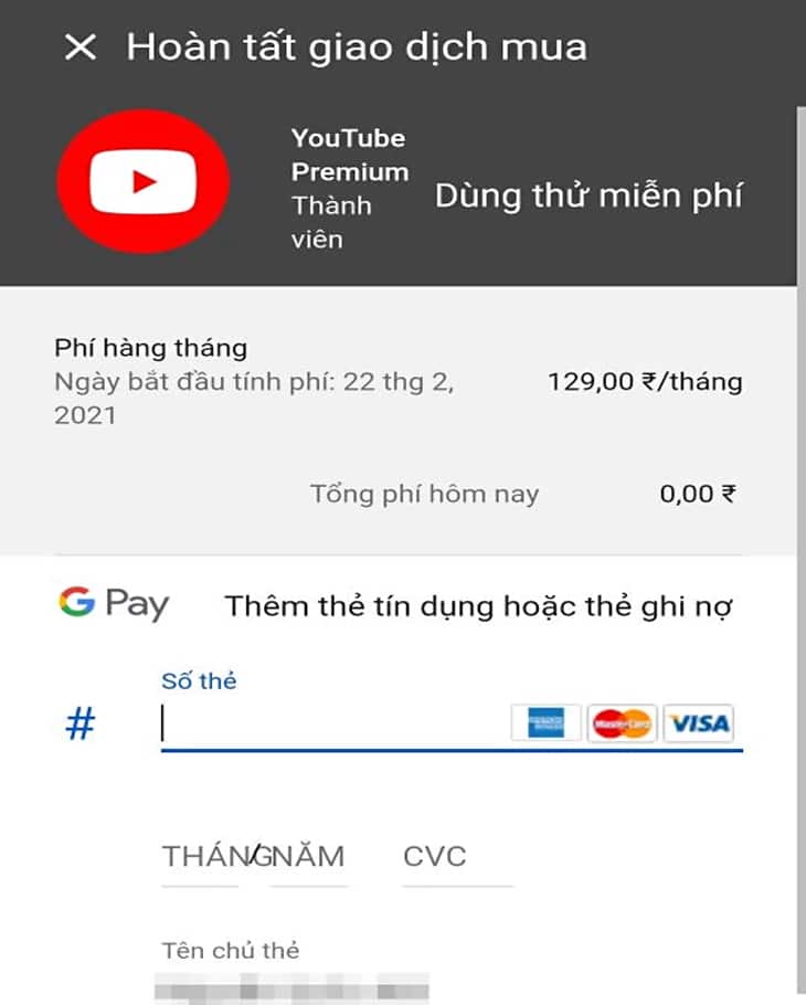 Bước 4: Tại đây, bạn cần nhập số thẻ tín dụng theo hướng dẫn của Google. Tại đây, bạn cần nhập số thẻ tín dụng theo hướng dẫn của Google.